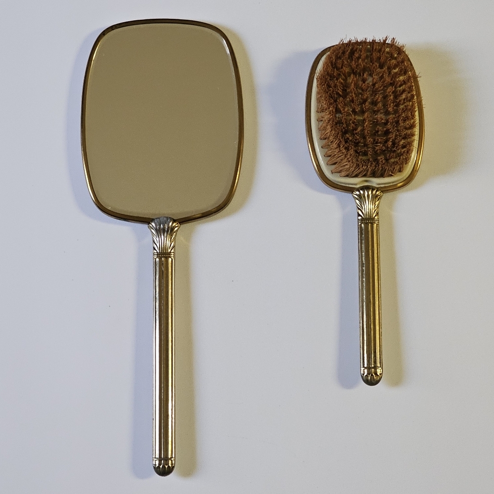 Vintage Victorian Era Vanity Hand Mirror & Brush Set